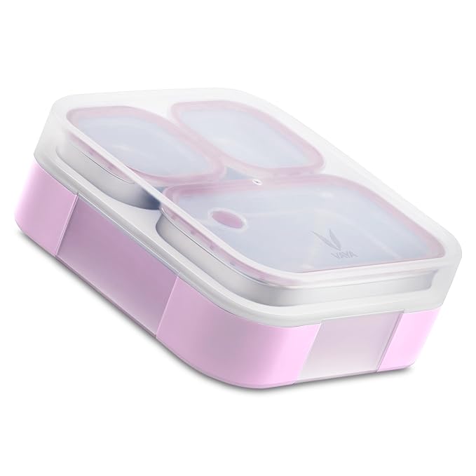 VAYA Tydbyt Tiffin Box for Women Stainless Steel; 3 Steel Containers & Lids; Lunch Box for Kids Girls 3 Compartment; 650ml Organized Meals with No Mix-Ups; Bento Box; Lilac Love