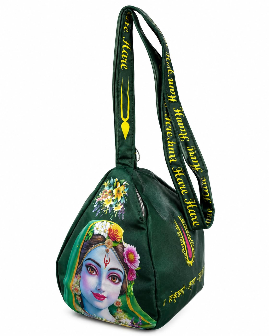 Cute Radha Rani Printed Gomukhi Japa Mala Bag with Zip Pocket, Cotton Chanting Bag for Mantra Jaap, Tulsi/Rudraksha Mala Storage(Colorful) (Dark Green)-image-13