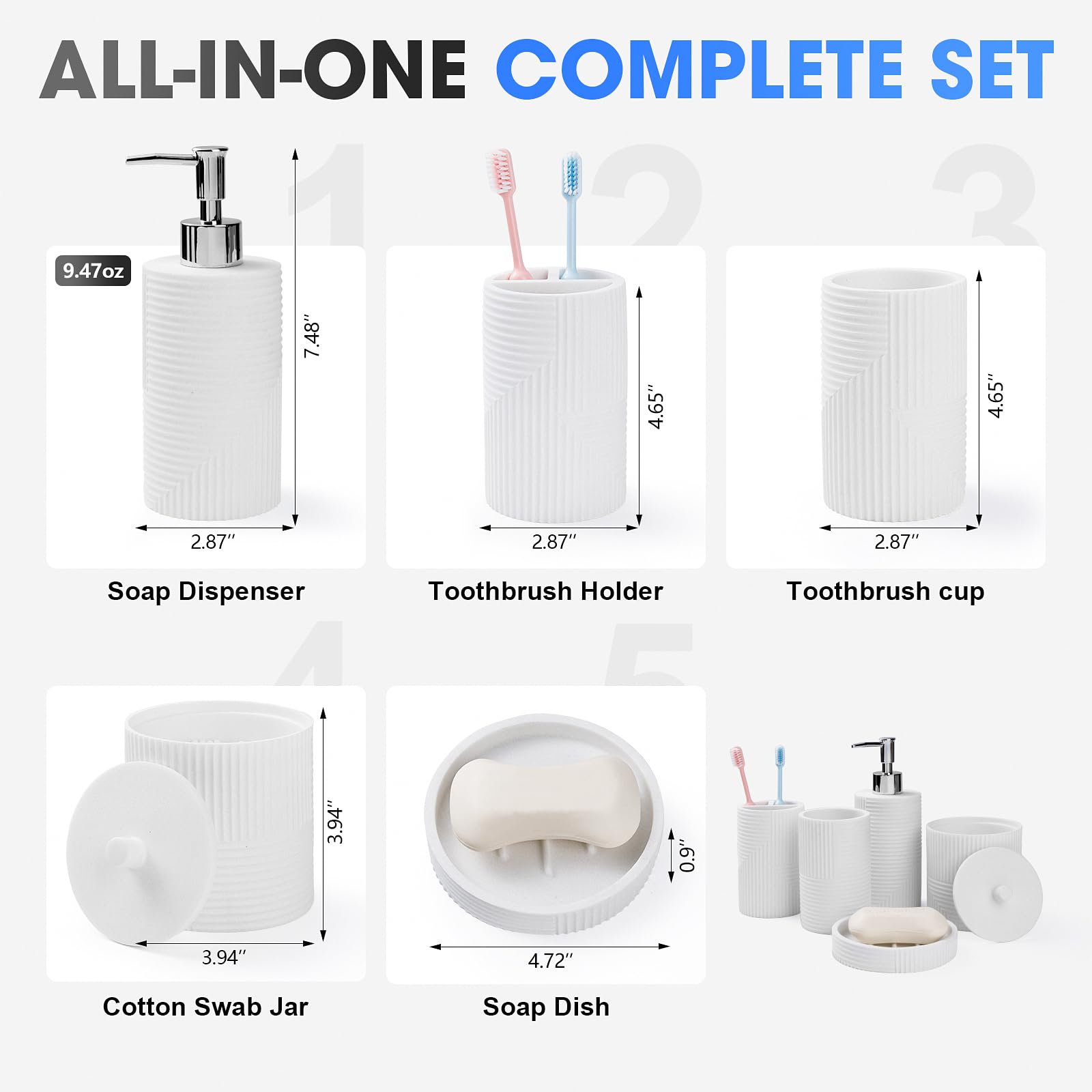 Juego de 5 accesorios de baño, juego de accesorios de baño de resina, juego completo con dispensador de jabón, juego de soporte para cepillo de dientes, jabonera, tarros de hisopo de algodón para
