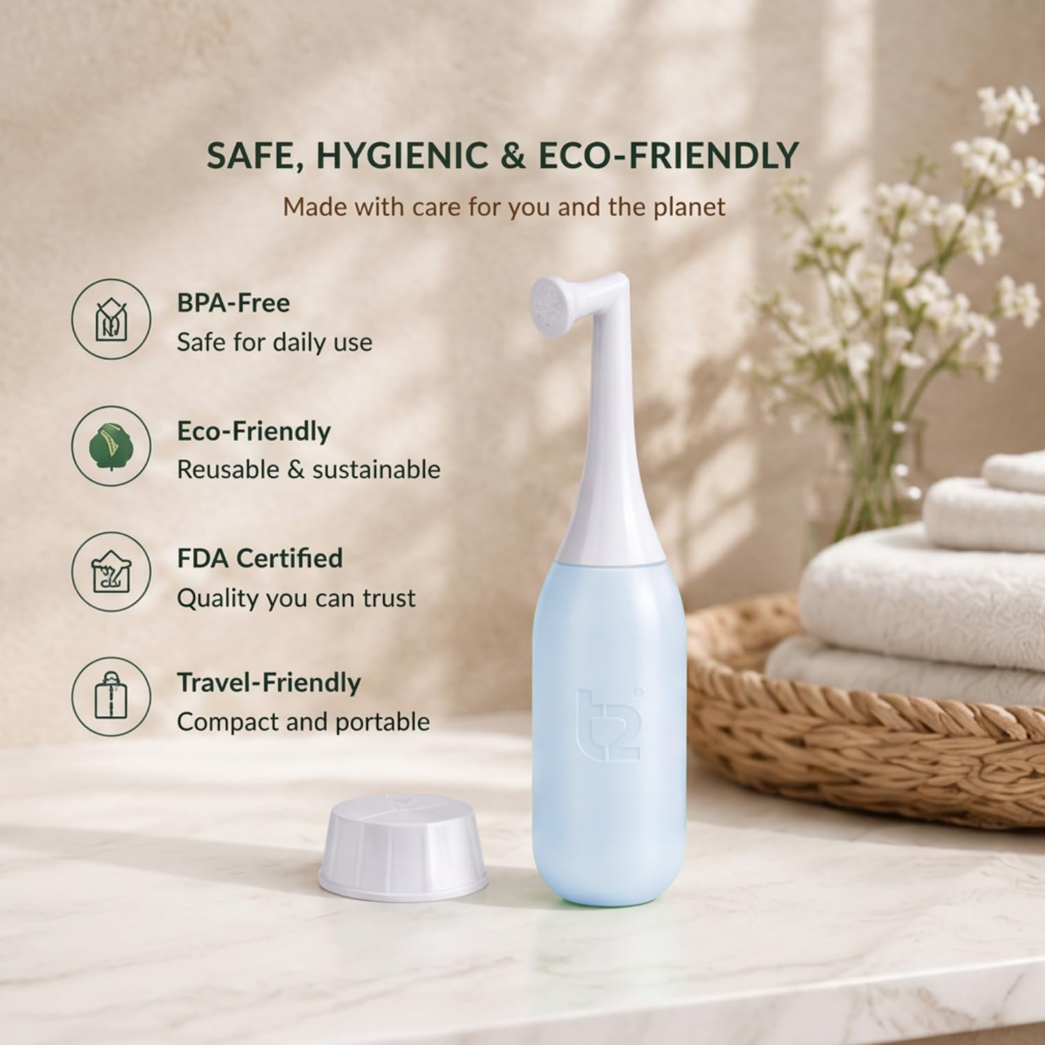 T2 500 ml Butelka Peri, butelka do czyszczenia krocza z nasadką pod kątem, przenośny bidet poporodowy, nakrętka do przenoszenia wody, torba podróżna, niebieski niebiański