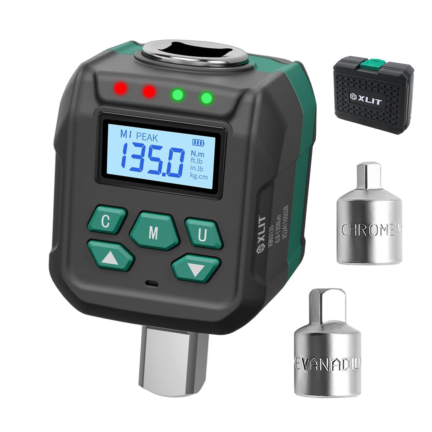 XLIT 1/2" Digital Torque Adapter Set with Socket Adapters (1/4", 3/8") - 5-99 ft-lb, ±2% Accuracy, Buzzer & LED Alerts, Working with Ratchet Wrench,