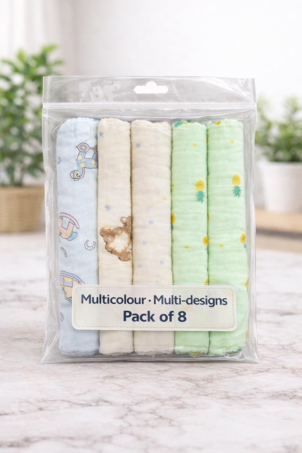 KIDS BASIC Soft Cotton Muslin Hankies for Babies Multicolour & Prints Daily Use Face Cloth - (Pack of 8)-image-35