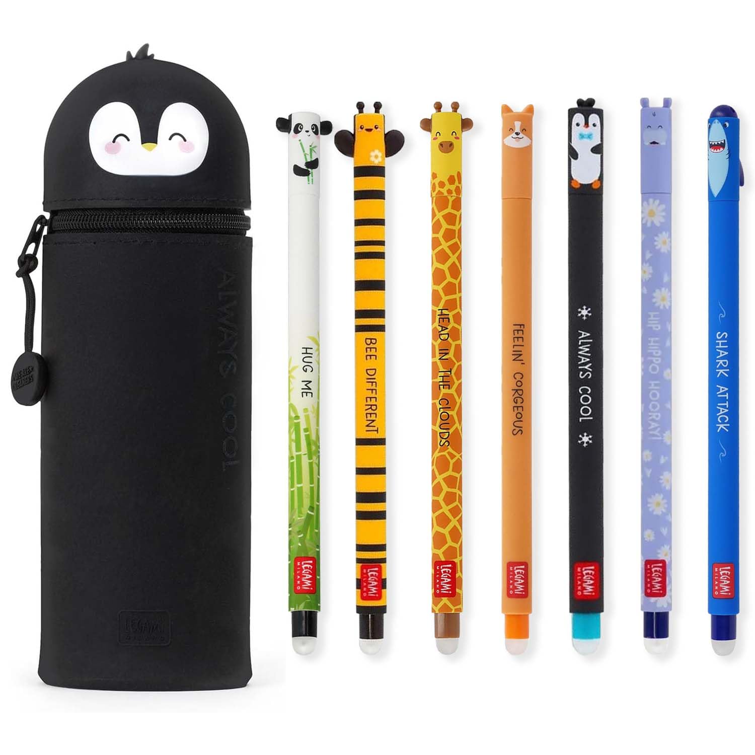 LEGAMI - Lot de 7 stylos gel effaçables + trousse Pingouin 2 en 1 – avec encre effaçable thermosensible, gamme de couleurs d'encre et design de baril, pointe de 0,7 mm