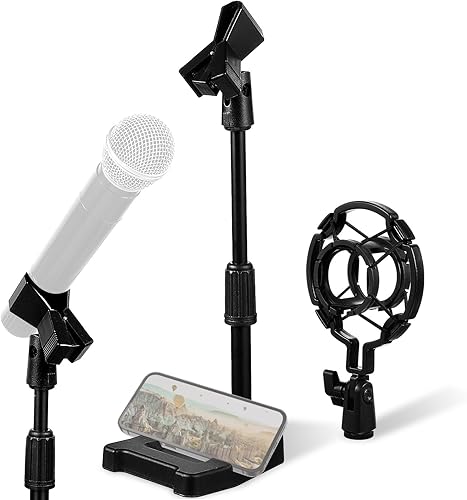 Miniatura 9 de Toyvian Soporte de micrófono de escritorio ajustable con base estable y soporte de montaje de choque, soporte de mesa para micrófono de mesa que