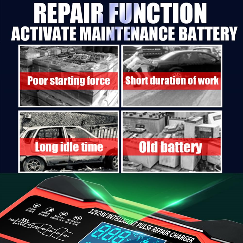 10A Autobatterie Ladegerät, 12V/24V Smart vollautomatische Batterie Ladegerät mit 7-Stufiger Ladung und LCD-Bildschirm Batterie Ladegerät, geeignet für AGM, Wet und Gel-Blei-Säure-Batterien