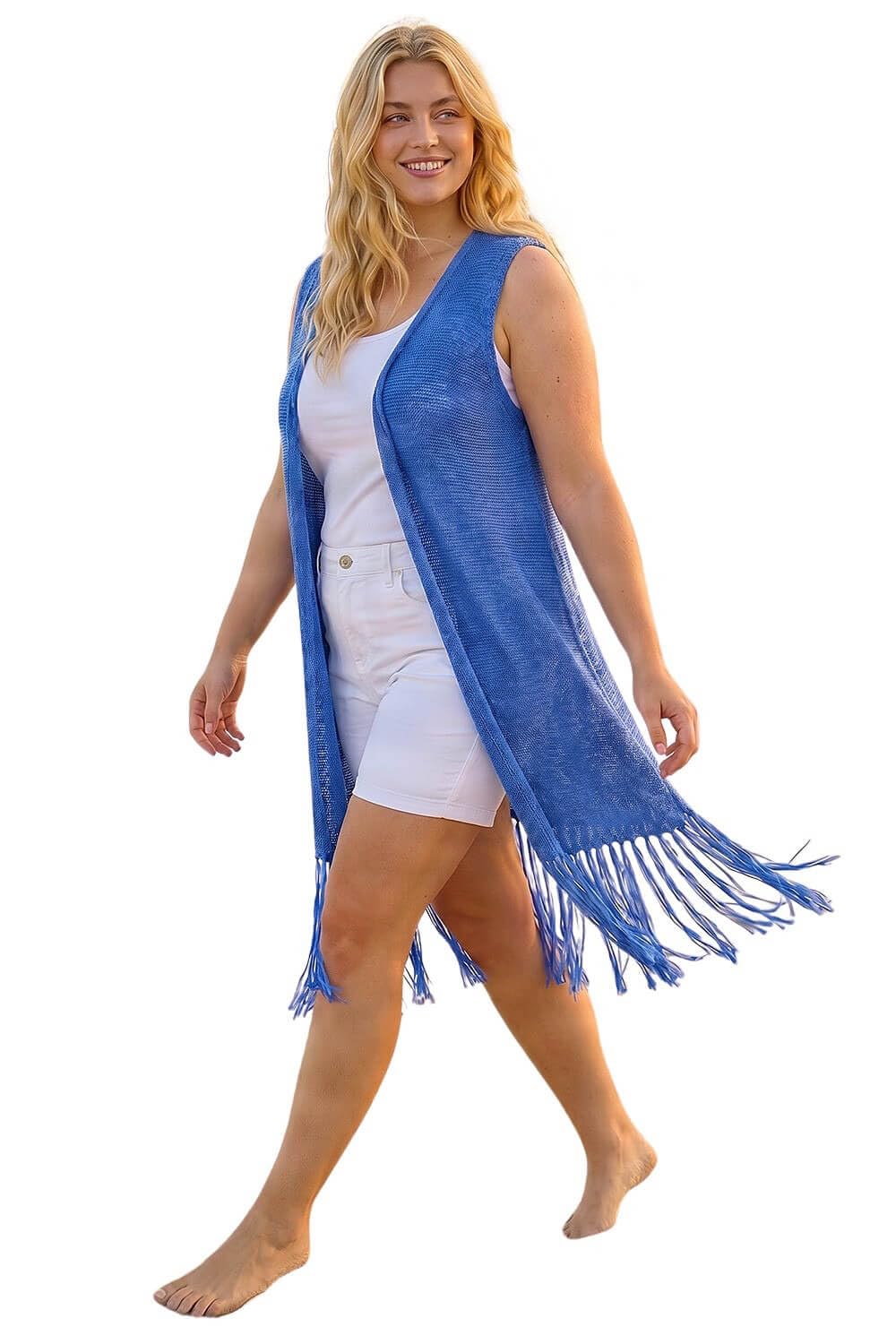 Roman Curve Crochet Knit Tassel Cardigan for Women UK - Ladies Spring Everyday Summer Holiday Sleeveless Soft Longline Comfy Lightweight Jumper Day Out Sweaters - Royal Blue - Size 20