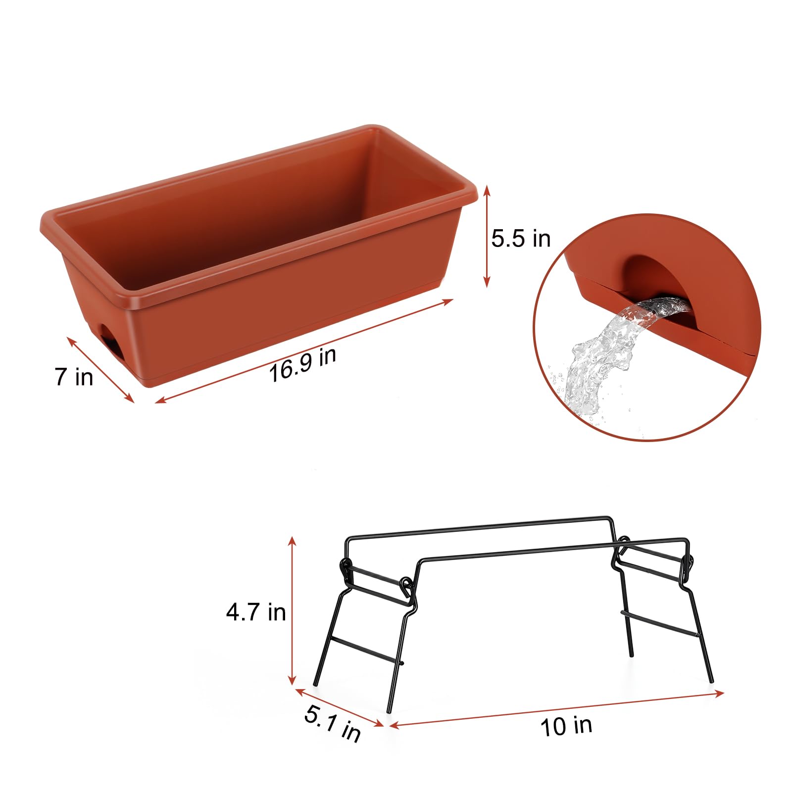 6 Pack 17 Inch Window Boxes Planters with Plant Stand, Flower Window Box with Drainage Tray Plastic Flower Herb Planters for Outdoor Indoor Plants, Boxes Planters with Metal Plant Stand for Patio
