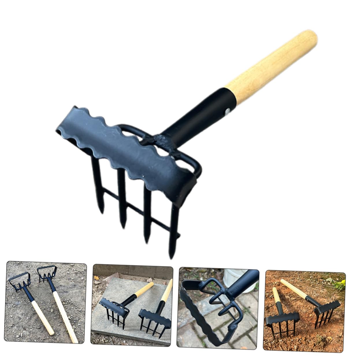 UPKOCH Rastrello da Giardino in Piccolo Rastrello Mano Manico in Legno Attrezzo Manuale per Diserbare e Smuovere Terreno per Giardinieri