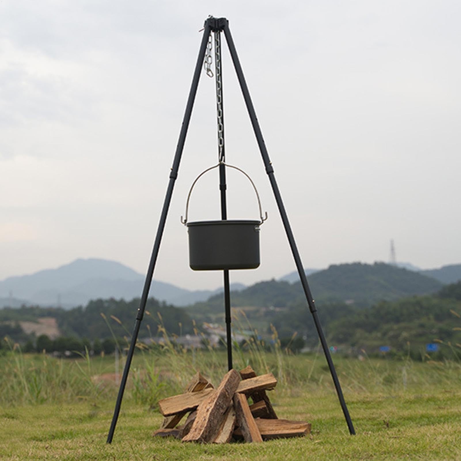 Barbacoa de camping – Soporte para trípode para fogata, soporte para trípode | Barbacoa de camping portátil y resistente con cadena colgante, soporte para trípode de barbacoa, trípode de caldera para
