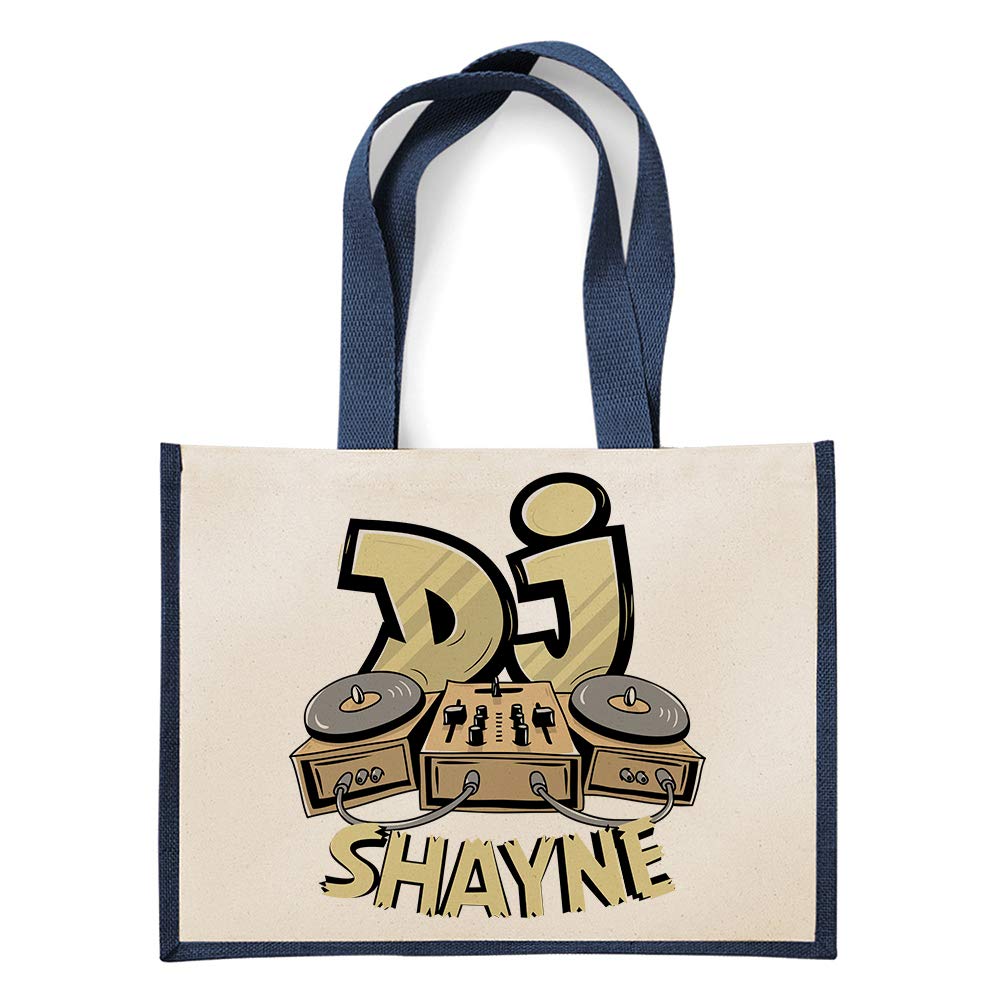 Personalised DJ music enthusiasts ANY NAME birthday party lover present gift idea Canvas Shopping Jute Bag. (Navy Blue)