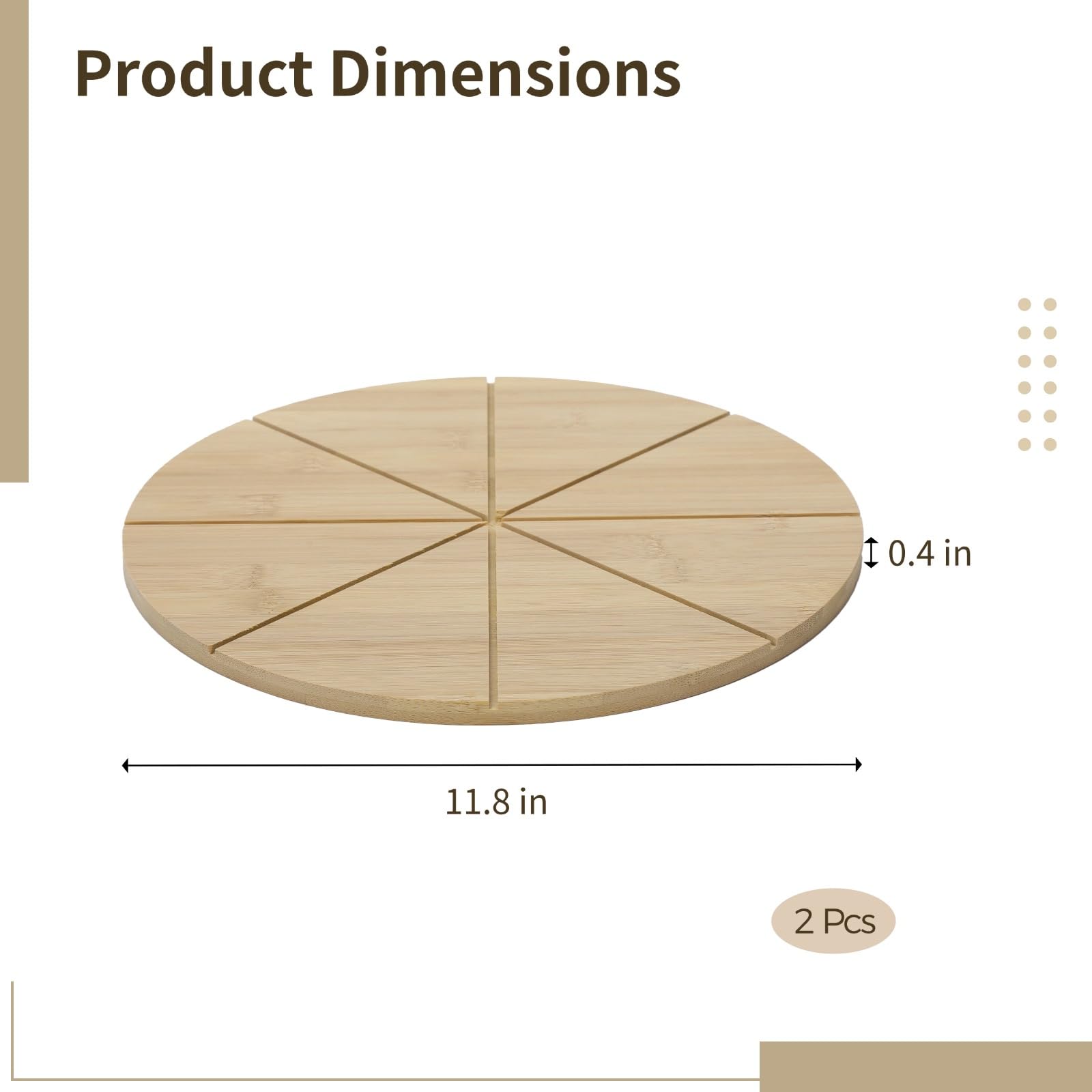 Lot de 2 planches à pizza rondes 12 pouces en bois double face, 8 rainures de coupe, 8 compartiments, dos plat, pour fromage, pain et viande.