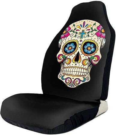 Amazon シートカバー カーシートカバー フロントシートカバー 防水 防塵 通気性 フロント ライト ノーマルカー 非排気量 Suv セダン バン トラックに適合 かわいい ファッション ポリエステル ユニバーサル 車 1枚 2枚セット ポケット シュガースカル 黒 車