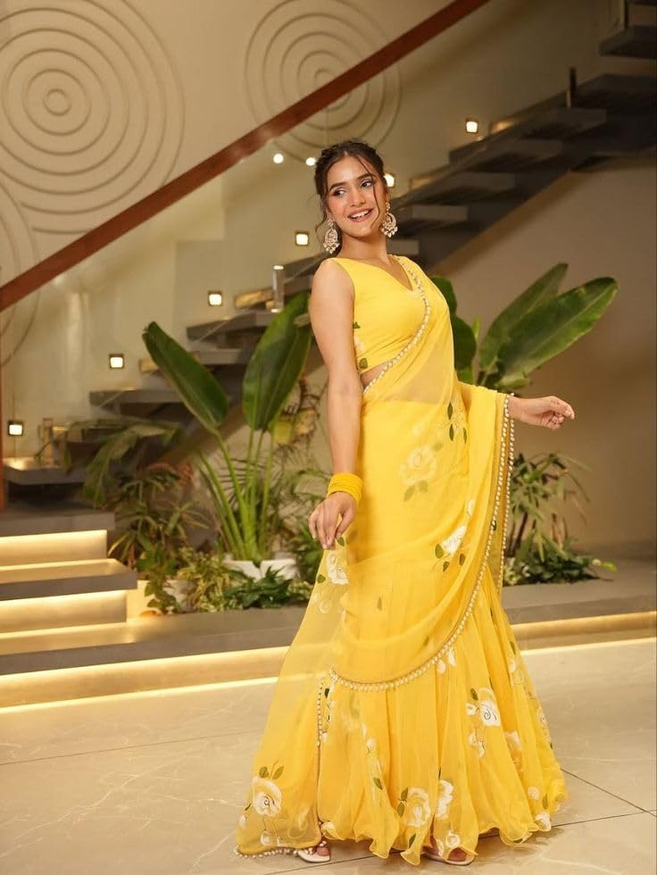 Image of Women's Floral Print Ruffle Saree, Yellow, Soft Georgette, with Blouse Piece, Party & Festive, Wear