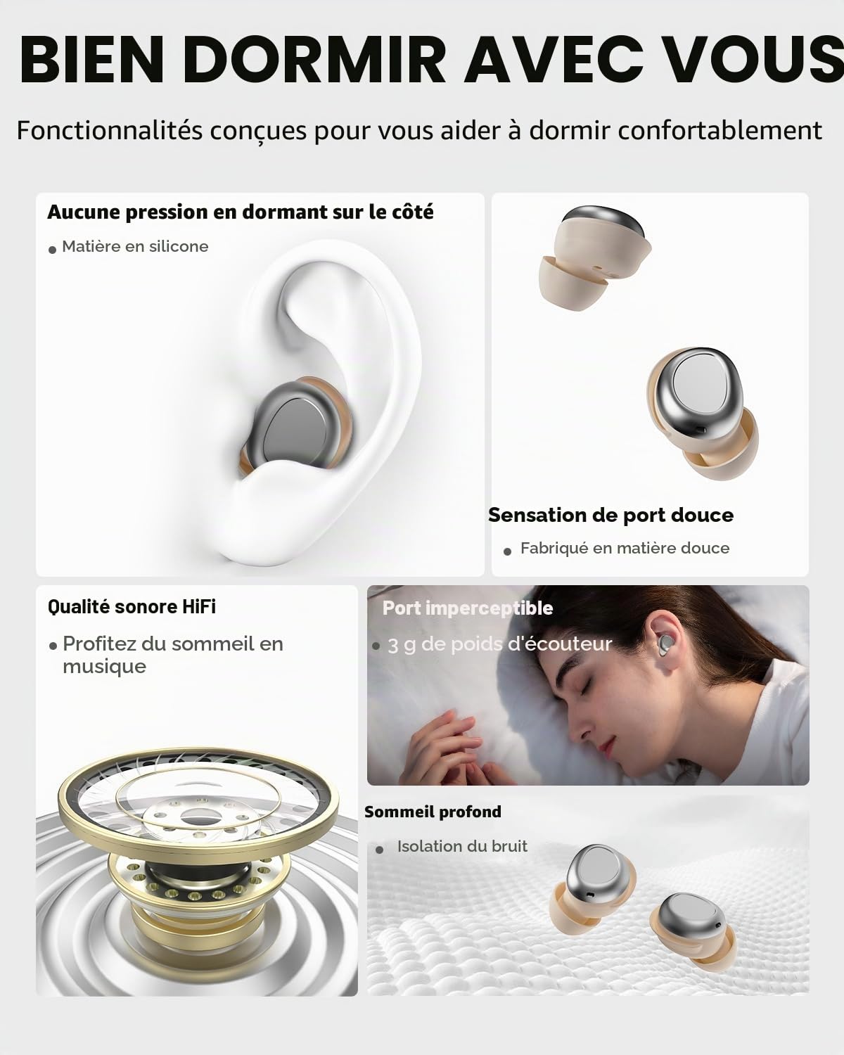 ANSTEN Casque de sommeil Bluetooth 5.4 - Écouteurs intra-auriculaires à réduction du bruit - Pour dormir sur le côté - 48 heures d'autonomie de la batterie - Écouteurs sans fil pour le sommeil