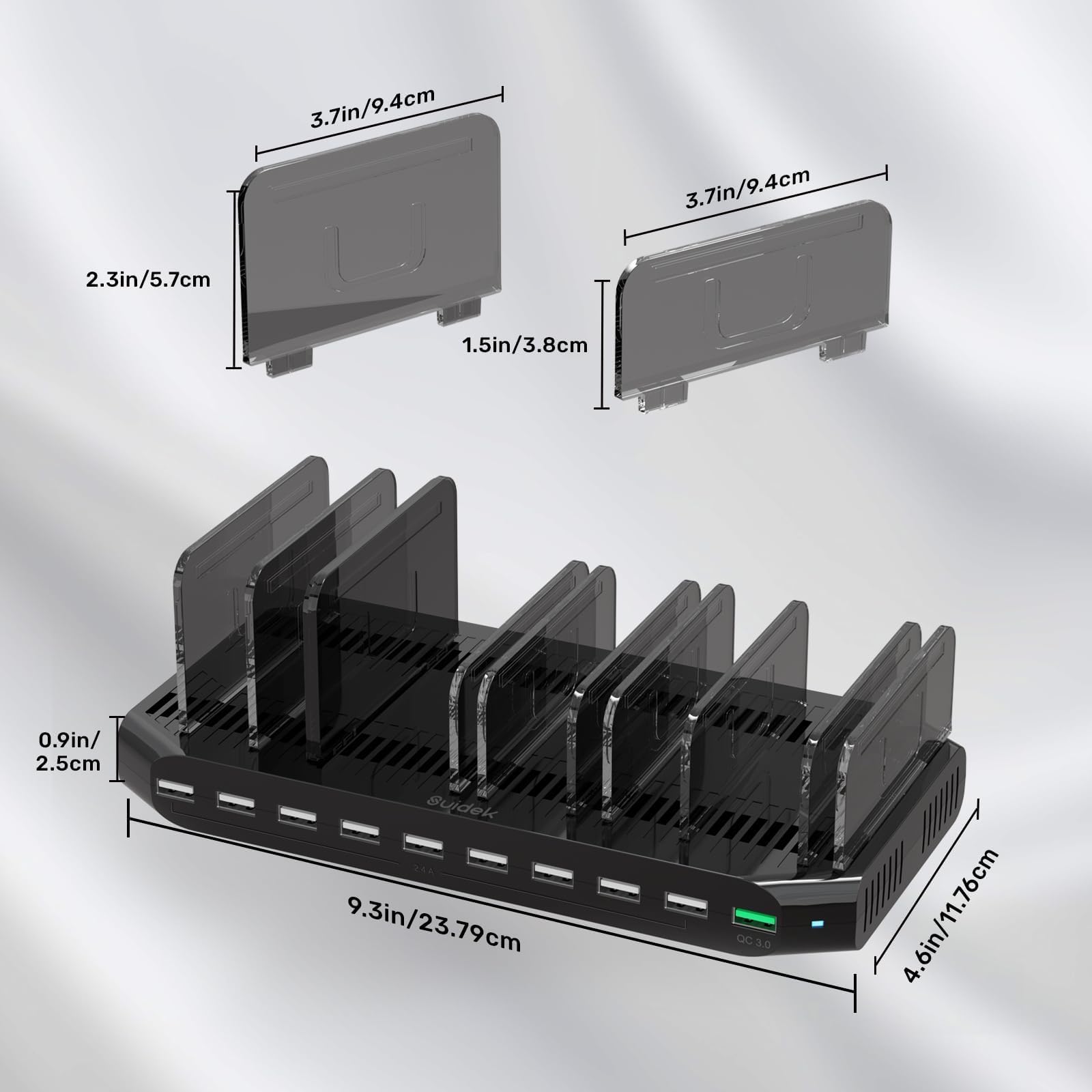 SUIDEK Estación de Carga multiUSB para múltiples Dispositivos, 60 W, 10 Puertos, estación de Carga múltiple con Puerto QC3.0 y divisores Ajustables compatibles con tabletas, teléfonos Inteligentes | Estación de carga rápida multiestación de carga con divi