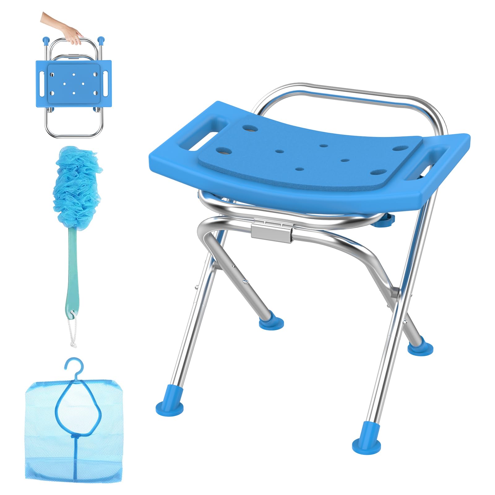 Photo 1 of UGarden Folding Shower Chair Seat, 17.5" Stainless Steel Small Shower Chair for Inside Shower, 400lbs Portable Travel Shower Stool, Safety Anti-Slip Bath Chair for Seniors, Disabled, Blue
