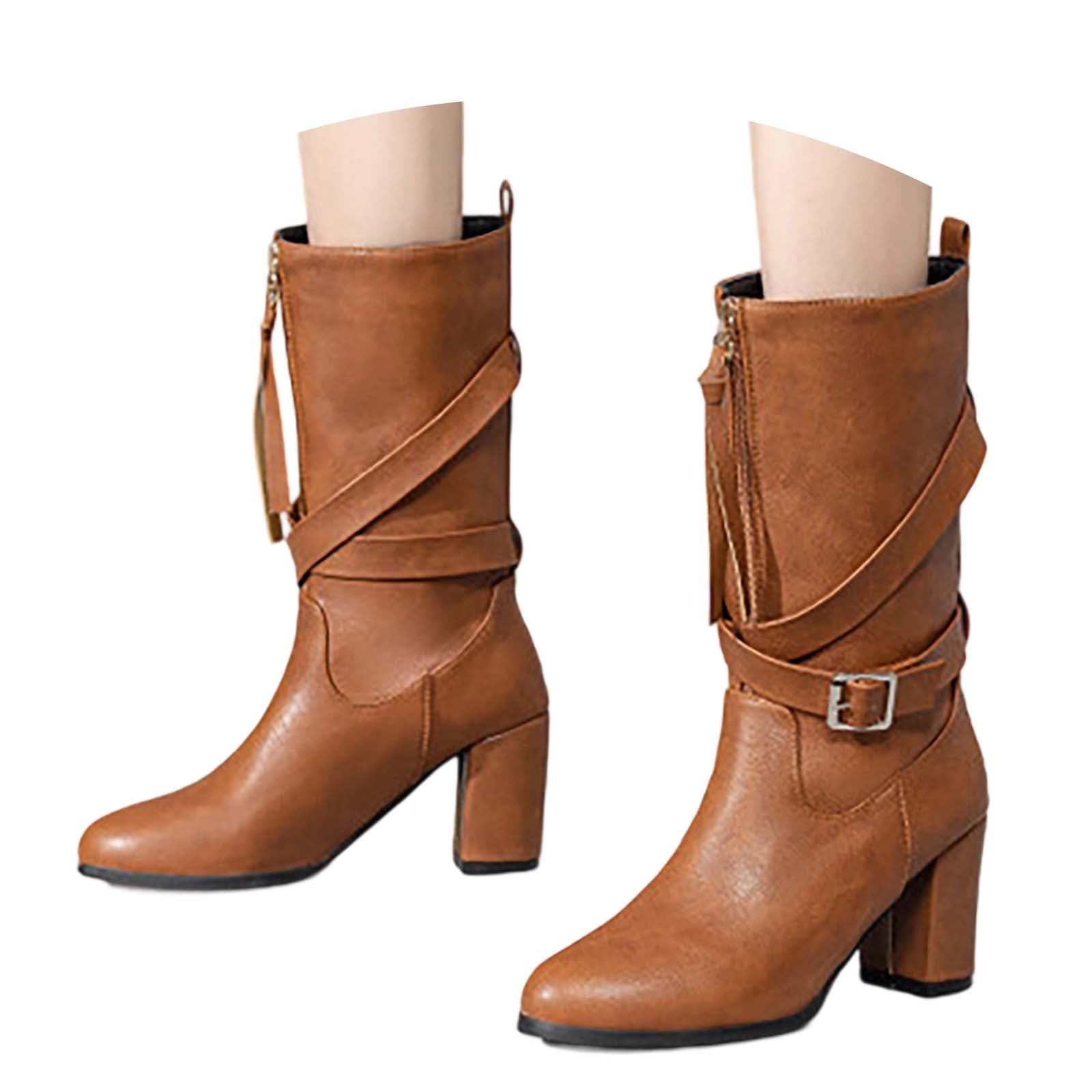 Stivali alti da donna Scarpe invernali in pelle calda Stivali da equitazione bassi con tacco confortevole Fibbia casual a gambo lungo tinta unita comodi Stivali da donna al ginocchio