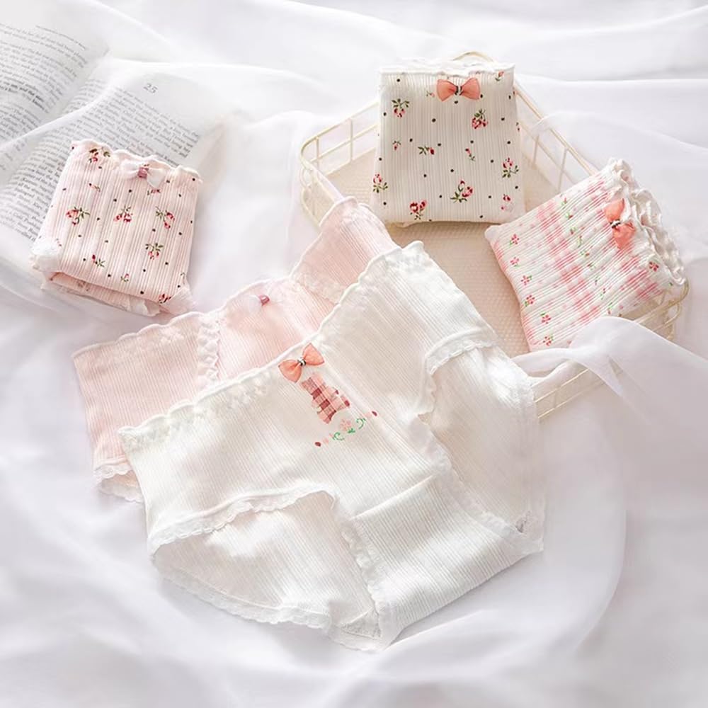 5 Pack Women Teens Pink Cotton Brief Japanese Kawaii Anime Lolita Panties Underwear Bikini Panty Set