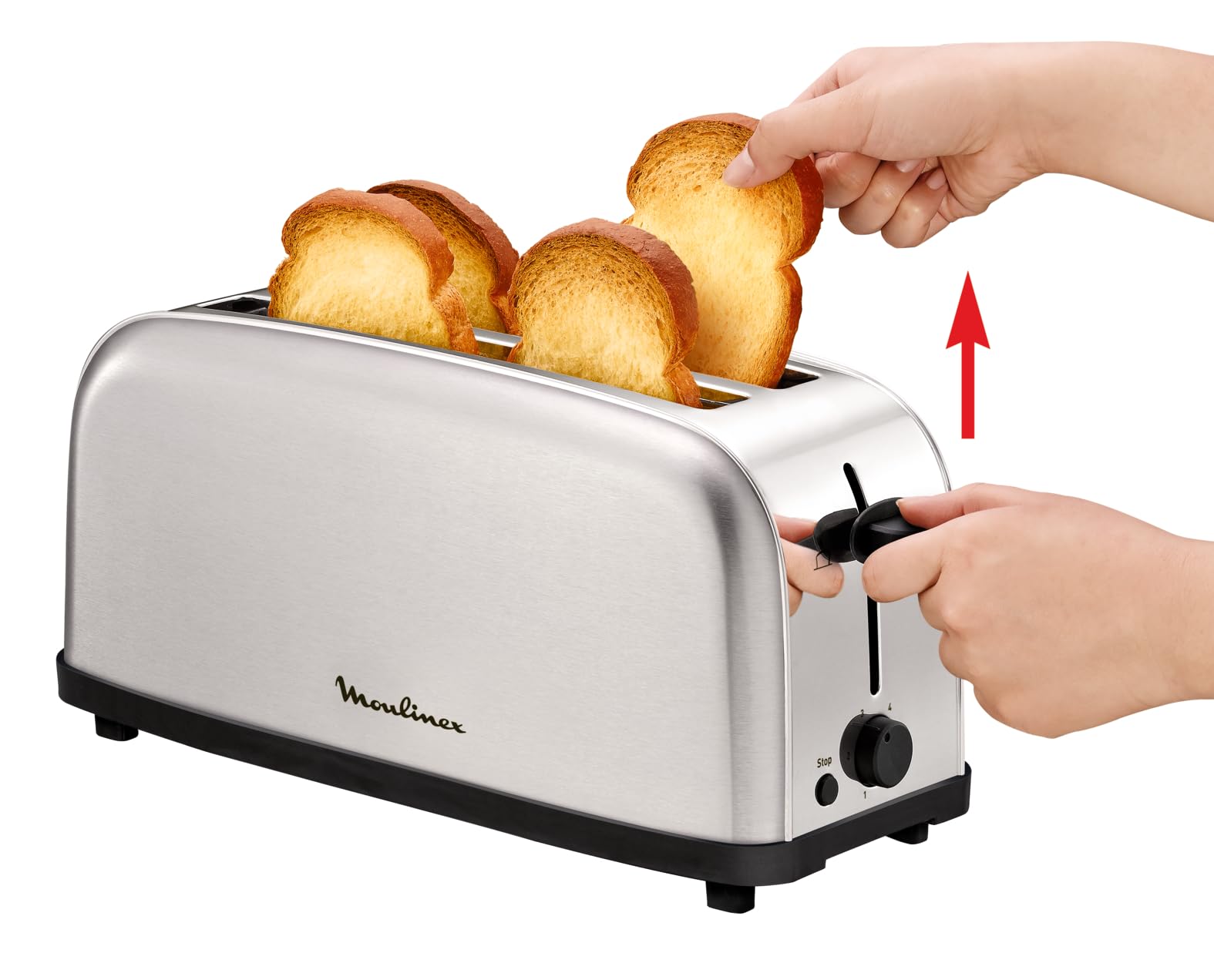 Moulinex Classic, Tostador Acero Inoxidable, 2 Ranuras largas y anchas, 1400 W, 6 Posiciones Tostado, Función Stop, Bandeja Recogemigas, para Todo Tipo de Pan normal, molde, artesano, LS330D