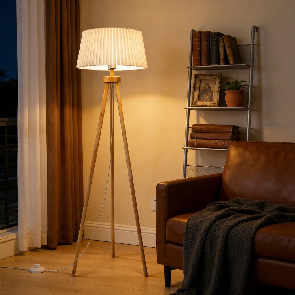 Aigostar Lampara de Pie Salon de Madera Trípode, Lampara Pie Retro con Plisada Pantalla Blanca de Lino e Interruptor de Pie, Compatible con Bombillas E27(Max.60W), Madera Maciza, Estilo Nórdico