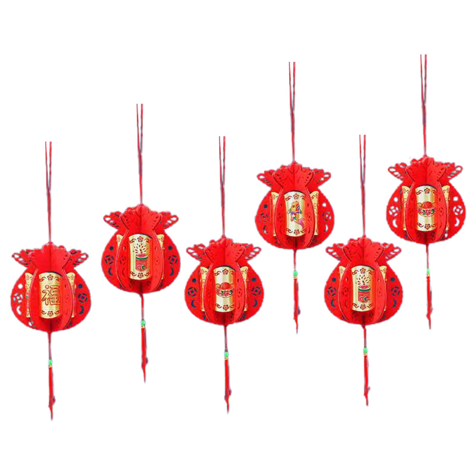 NEWFT 6pcs Flocking Red Hanging Lantern Pendants Plant Decor for Wedding Party Chinese Spring Festival New Year