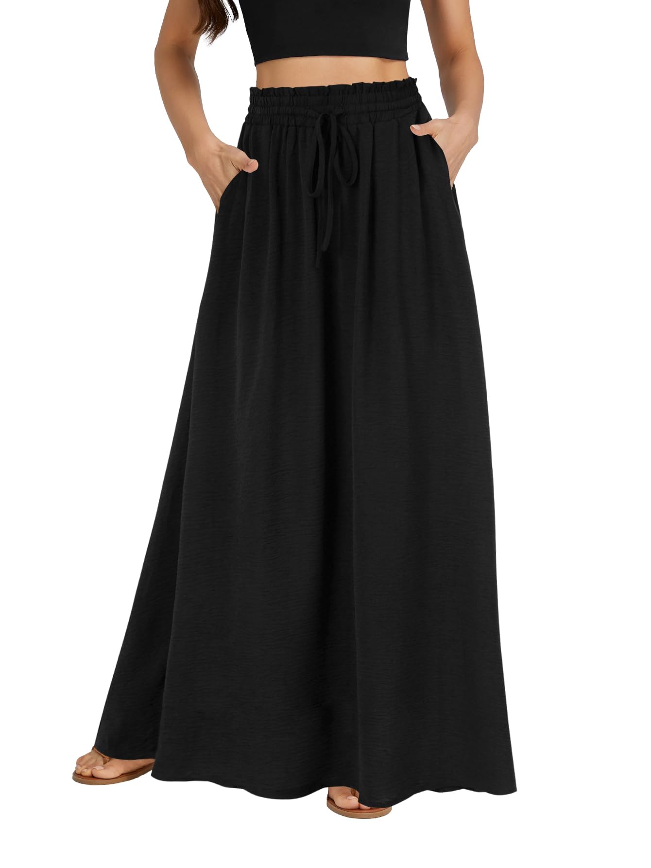 LYANER Womens Shirred Smocked Frill Drawstring Pleated High Waist Maxi Skirt with Pockets