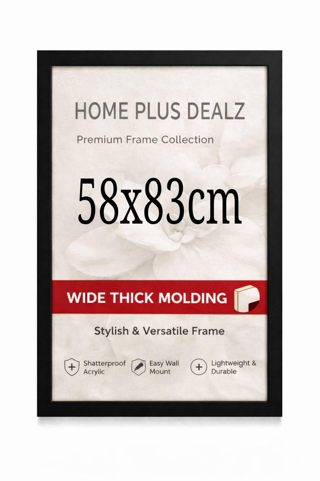 Home Plus Dealz® Sleek Black MDF Picture Frame 58x83 cm Large Durable MDF Poster Frame with Clear Acrylic Protection – Wall Display for Photos, Artwork & Prints
