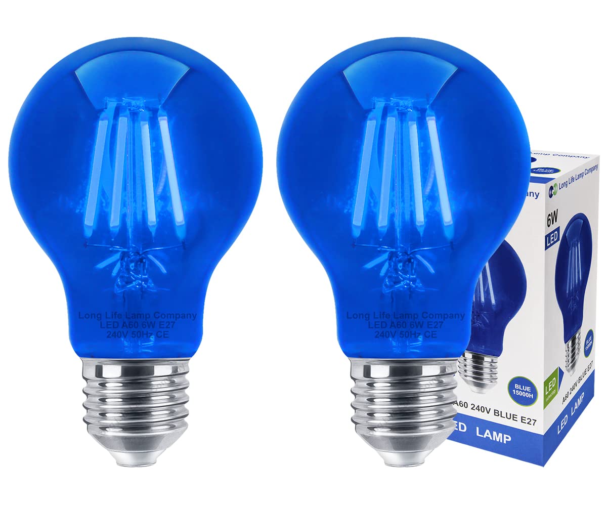 Long Life Lamp Company 2 x 6w LED Blue Light Bulb E27 Edison Screw Glow Effect A60 Clear Glass