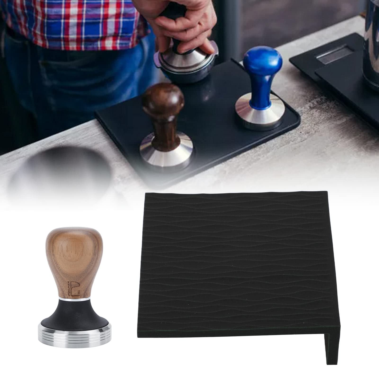 Mata Ubijakowa do Kawy 58 Mm Ubijak do Kawy ze Stali Nierdzewnej z drewnianą podstawą Silikonowa Podkładka Spożywcza do Ekspresu do Kawy Domowy Barista (Czarny)