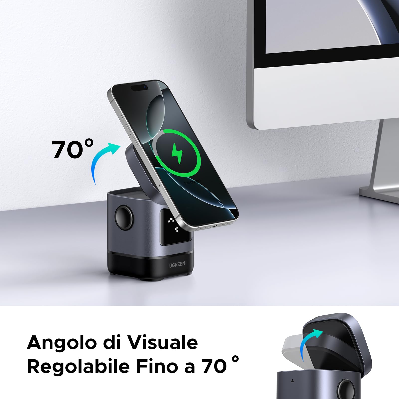 UGREEN UNO Caricatore Magnetico Qi2 15W, Stazione di Ricarica Wireless 2 in 1 per Cuffie Compatibile con iPhone 16/15/14/13/12 Serie, AirPods Pro 2/3