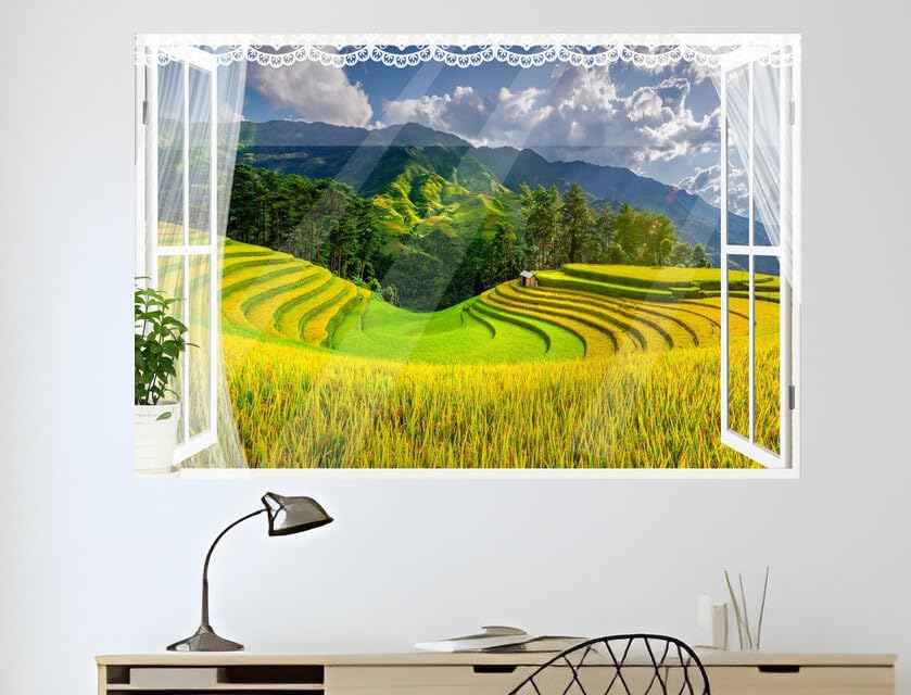 JVERF - JZZB35237 Mucangchai Clou Rice Mountain Hill| Self-Adhesive Open Window Wall Sticker