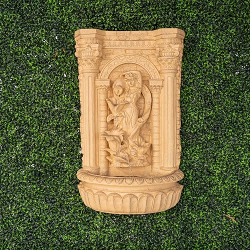 Image of XBrand 30.3 inch Tall Solar Powered Outdoor Wall Fountain with Maiden Holding Pot - Classic Waterfall Design, Weather-Resistant Polyresin, Brown for Garden & Backyard Decor