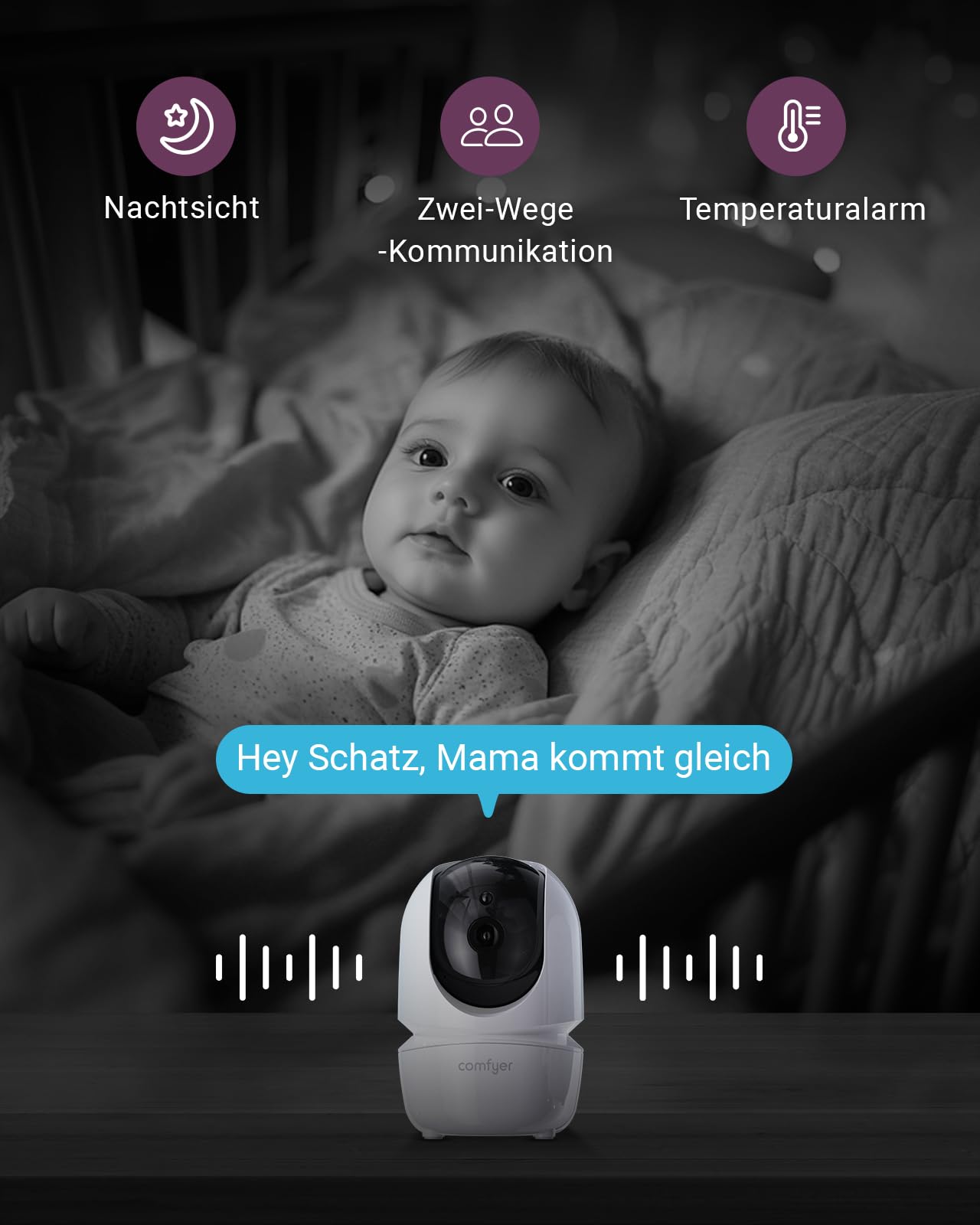Comfyer BM01 Split-Screen Babyphone 7" HD 720P 2 Kameras ohne WLAN IR-Nachtsicht VOX-Modus 2-Wege-Audio 6000mAh 300M Reichweite