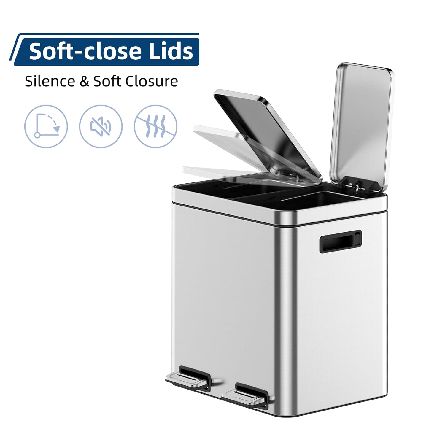 Garvee 8 gal Stainless Steel Recycling Trash Can with 2 Compartments & Soft-Close Lid - Dual Waste Bins for Kitchen, Office - Fingerprint-Proof, 30 L (15+15 L) Capacity - Image 2