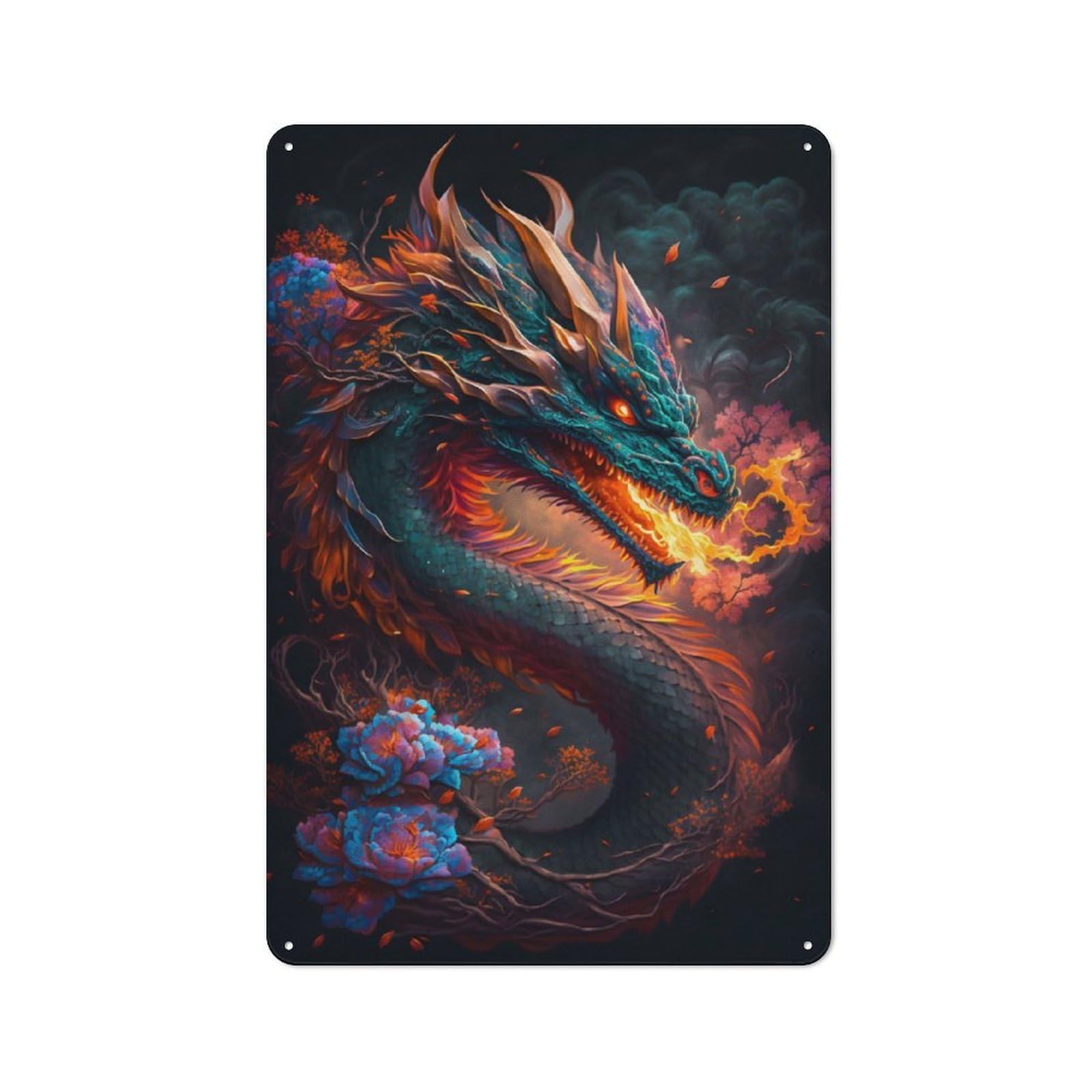 Junmoney Dragon Flowers Vintage Tin Sign 30X20cm With For Garage Wall, Suited To People Furnishing A Garage