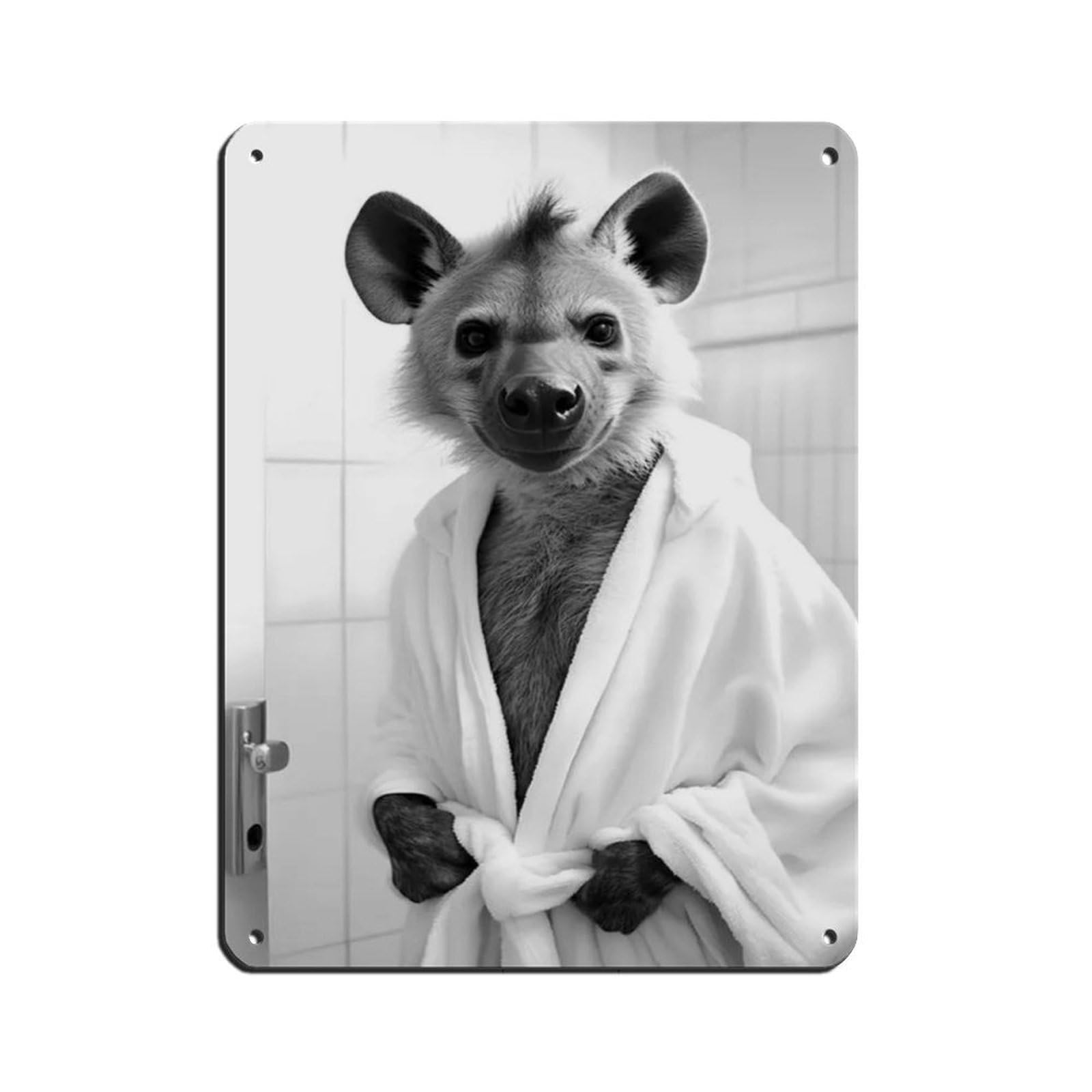 Hyena Wearing A Bathrobe, Funny Bathroom Art Retro Poster Metal Tin Sign Chic Art Retro Iron Painting Bar People Cave Cafe Family Garage Poster Wall Decoration 12x16inch(30x40cm)