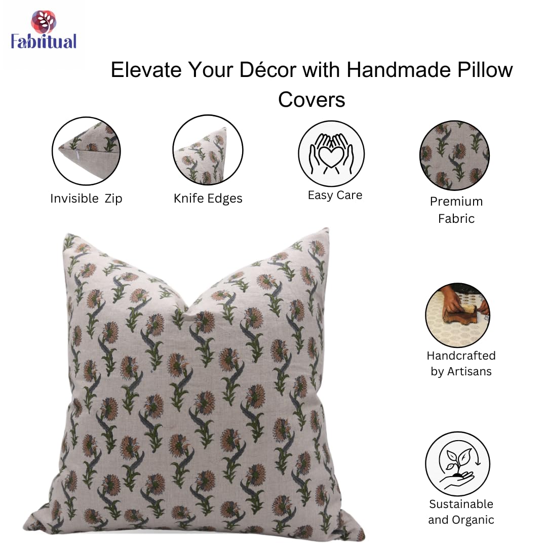 Fabritual Funda De Cojín Hecha A Mano Con Estampado De Bloques De Lino Puro De 16 X 16 Pulgadas, Con Cremallera, Para Sofá, Interior, Exterior, Otoño, Decoración De Verano, Decoración Bohemia