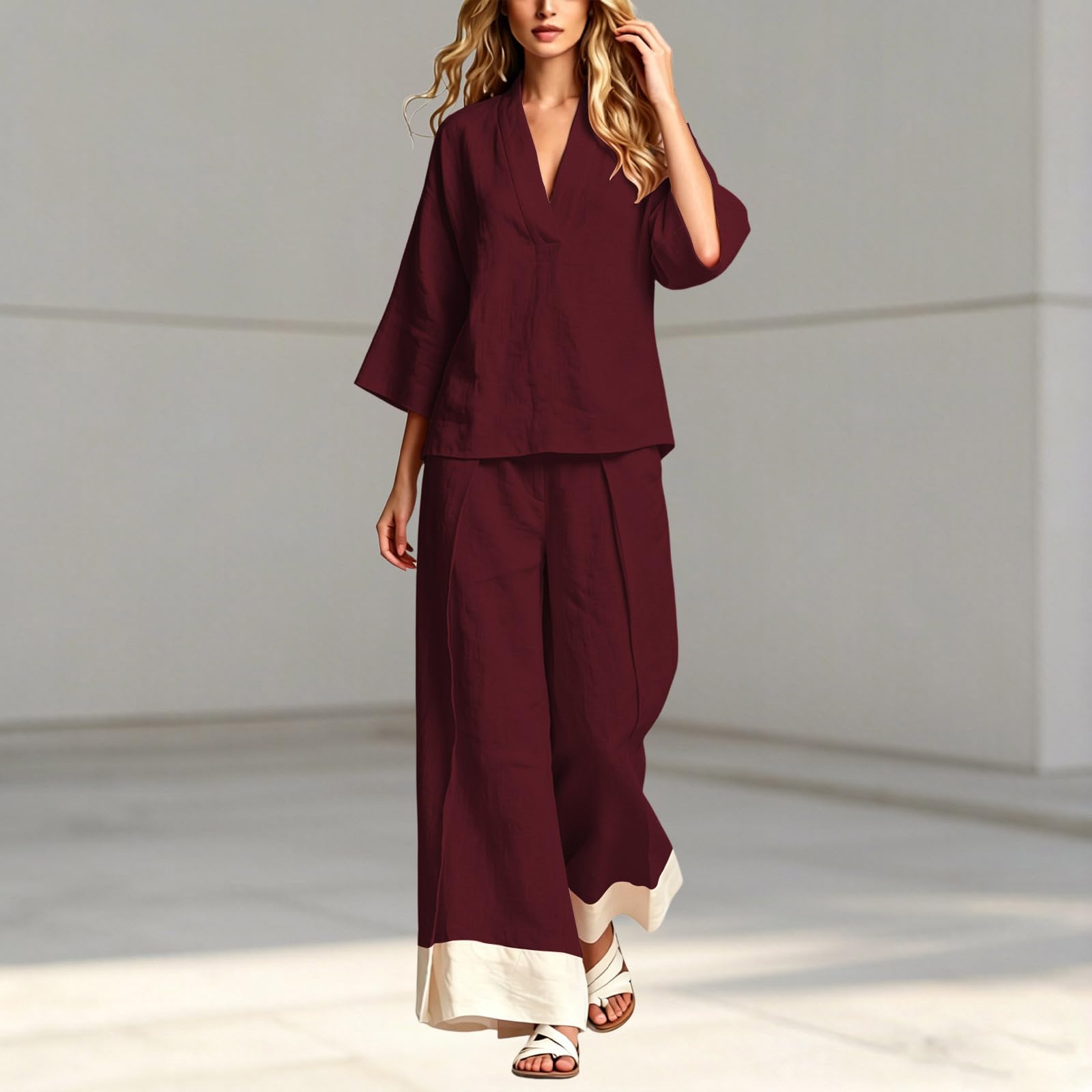 Generisch Damen Sommeroutfit mit französischem Kragen Bluse weiter Hose – leichtes atmungsaktives Set für Reise Büro Freizeit Alltag Date Shopping (L)