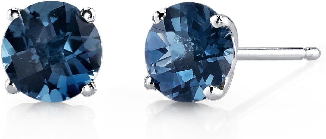 Peora Solid 14K White Gold London Blue Topaz Stud Earrings for Women, Genuine Gemstone Solitaire Round Shape, 6mm, 2 Carats total, Friction Back, December Birthstone Earrings, Gold Studs