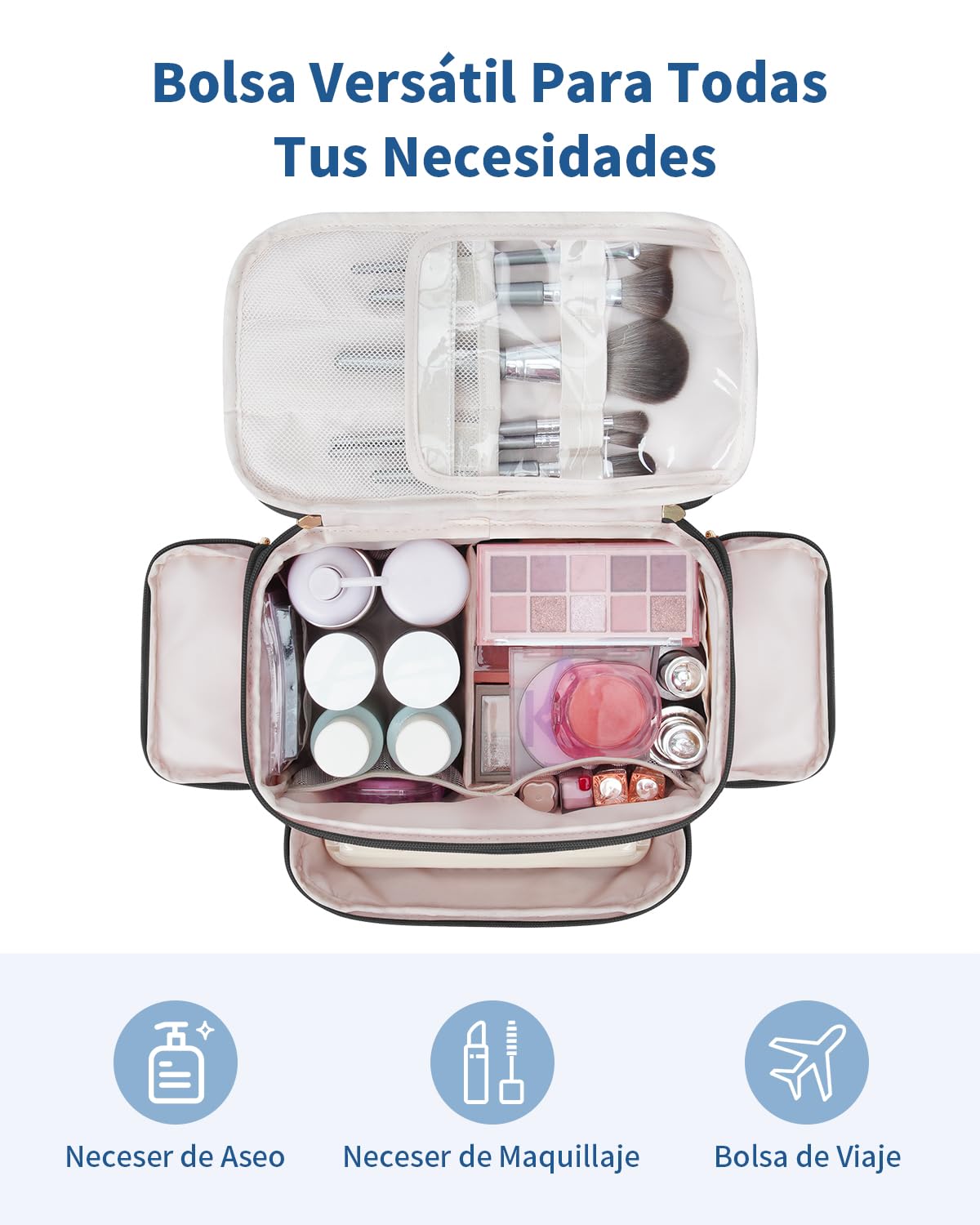 WANDF Neceser de Viaje Grande, Bolso de Maquillaje de Apertura Amplia con Asa, Bolso Cosmético Hinchado para Toallas, Cosméticos, Accesorios y Elementos Esenciales para Mujeres