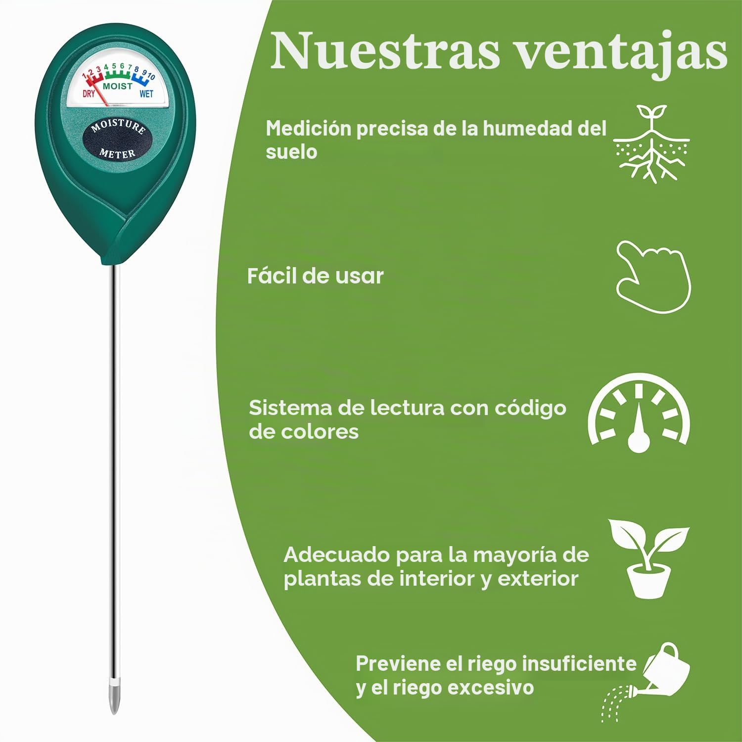 XLUX medidor humedad plantas, higrómetro de suelo, monitor de riego de flores, para plantas de interior y exterior, no se necesitan baterías
