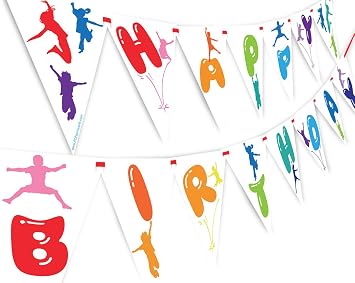 Bounce Jump Happy Birthday Banner Pennant - Rainbow Party Banner - Trampoline Party Decoration