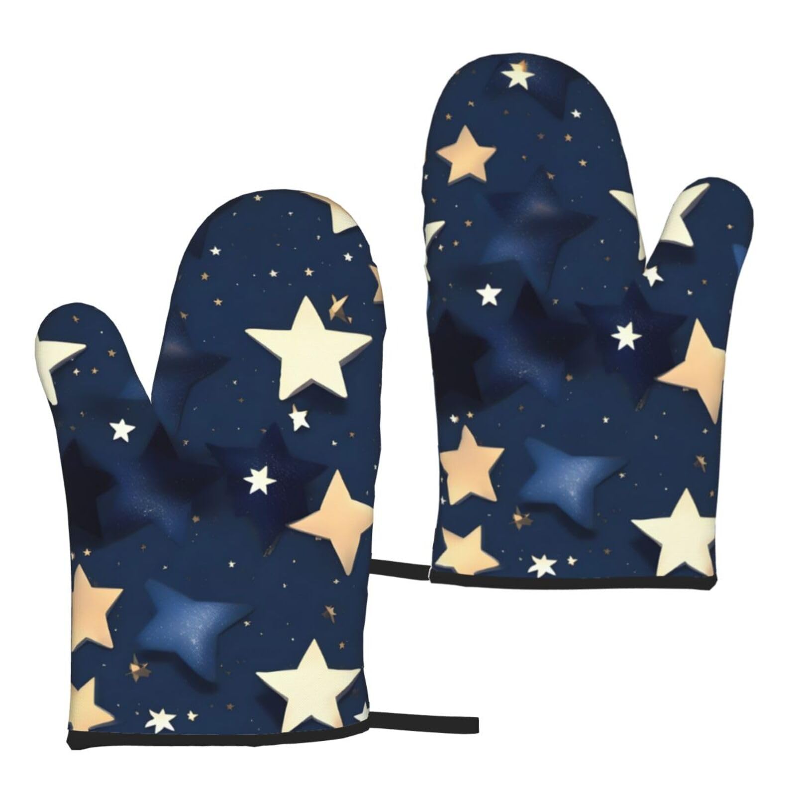 Nimongt Women's Black Navy Blue Sky And Stars Print Adults Universal Fit Heat Resistant Oven Gloves Reusable Cooking Outdoor Grilling