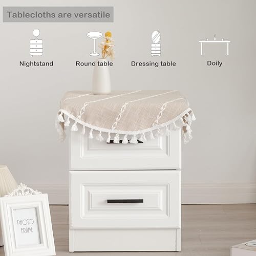 Miniatura 5 de YZKITM Mantel redondo rústico pequeño lavable a rayas jacquard de lino resistente estilo granja con borlas para cocina, comedor, fiesta, decoración