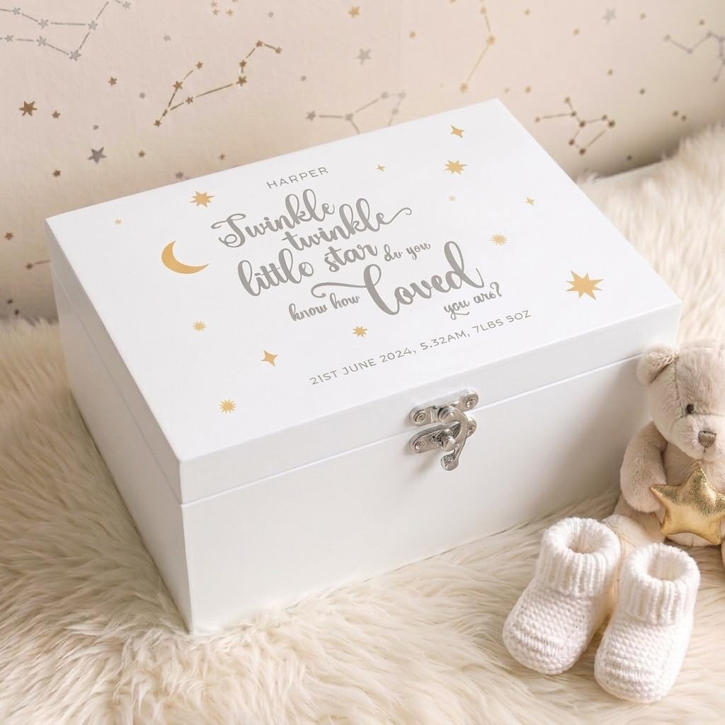 Caja de recuerdos personalizada de madera blanca Twinkle Twinkle New Baby | Baby Shower, New Baby | 27 x 19 x 14 cm