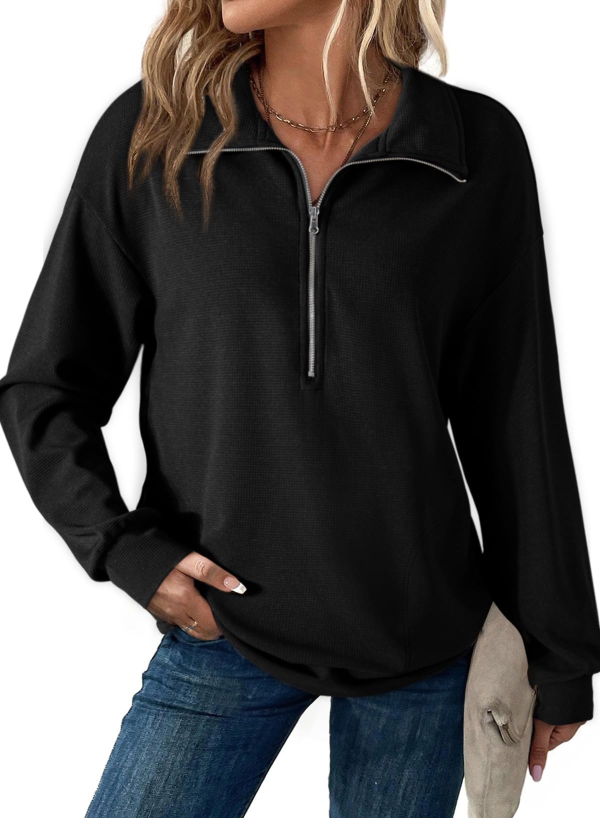 Dokotoo Pullover Damen Sweatshirt Ohne Kapuze Herbst Langarm 1/4 Reißverschluss V-Ausschnitt Oberteile Lässig Locker Tunika Tops Einfarbig Waffel Stricken Oberteil Sweatshirts S-XXL