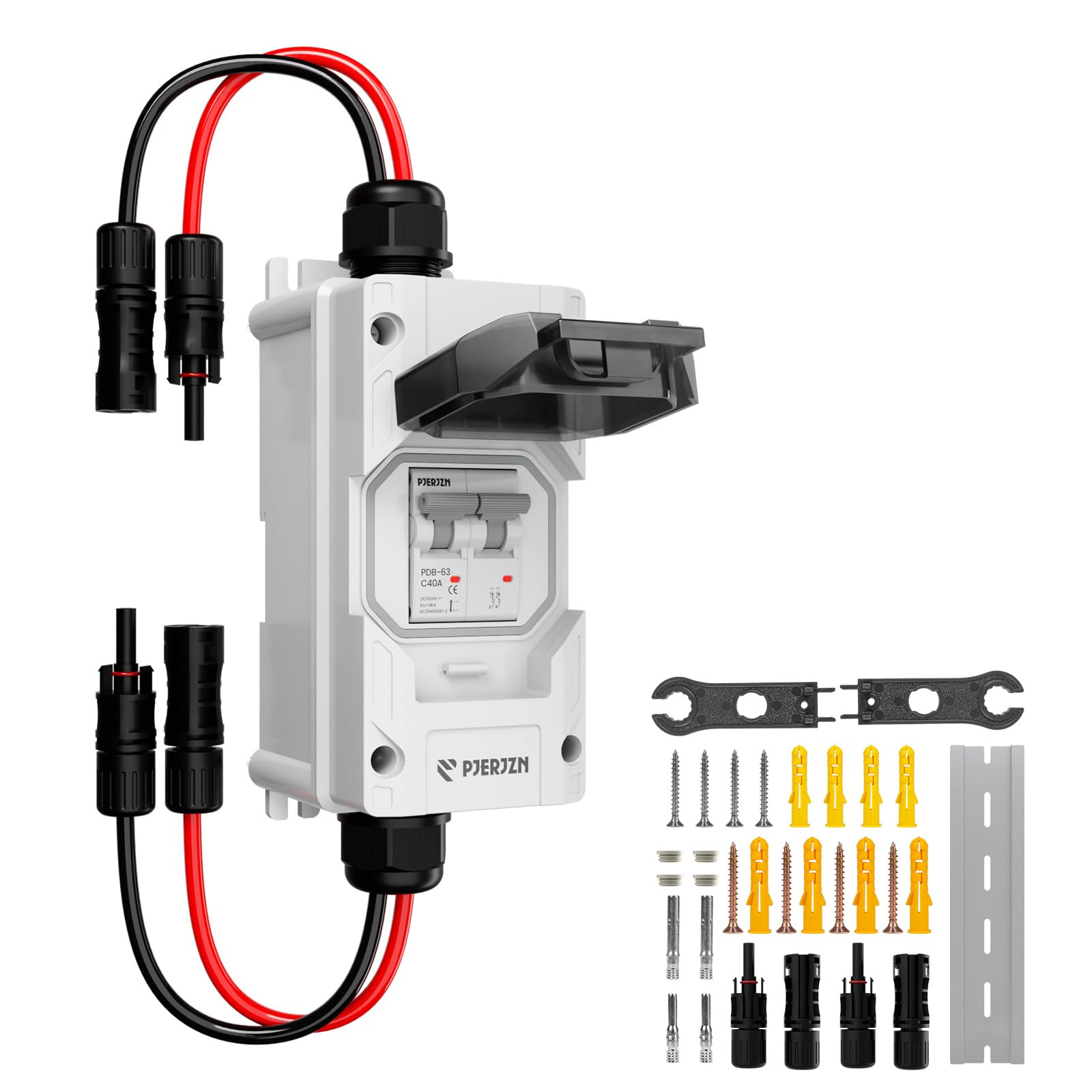 DC Trennschalter PV Anlage 1000V 40A 2P Sicherungsautomat mit Solarkabel | 2P Leitungsschutzschalter, thermomagnetisch, Kurzschluss, IP65, DIN Schiene, Kupferkontakte, Solaranlage, steckfertig