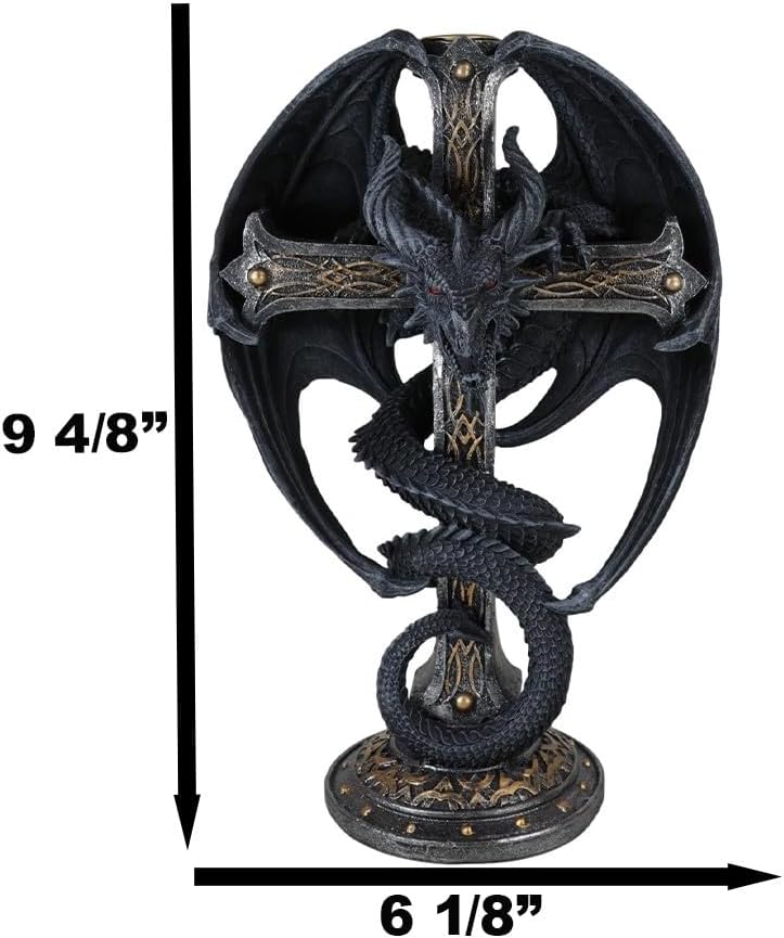 Miniatura 3 de Ebros Gift Fantasía medieval Bahamut Demon Guardian Altar Drake Dragón Enrollado En Celta Nudo Cruz Crucifijo Taper Candleholder Desktop Figurine