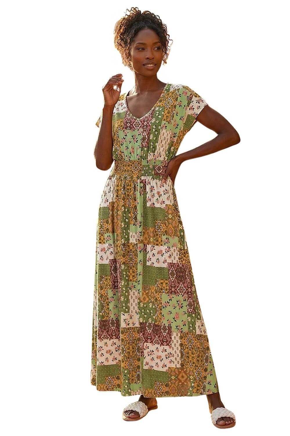 Roman Originals Women's Patchwork Khaki Shirred Waist Dress For Uk Midi Maxi Summer Spring Tiered Frill Hem Empire Waist Short Sleeve V Neck Gathered Skirt Bohemian Holiday - Size 16