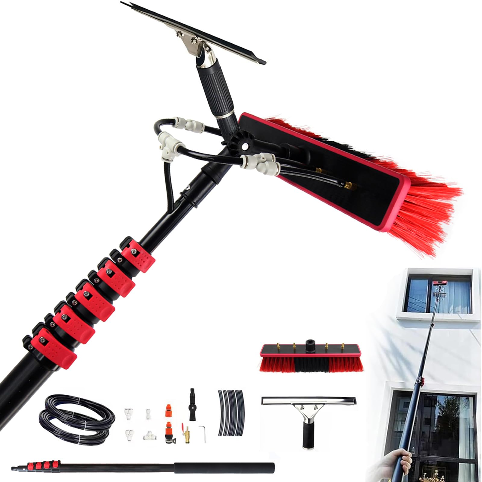 Aioneer Telescopic Window Cleaner Brush With Squeegee - 3.6-10.8M Extendable Pole For Solar Panel & Window Washing - 30Ft Cleaning Kit For High Reach & Easy Use-5.4M/18FT